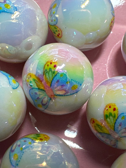 16mm Blue Butterfly Print Acrylic Beads