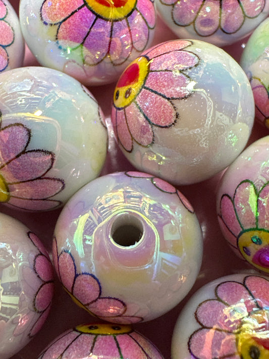 16mm Pink Flower Print Acrylic Beads