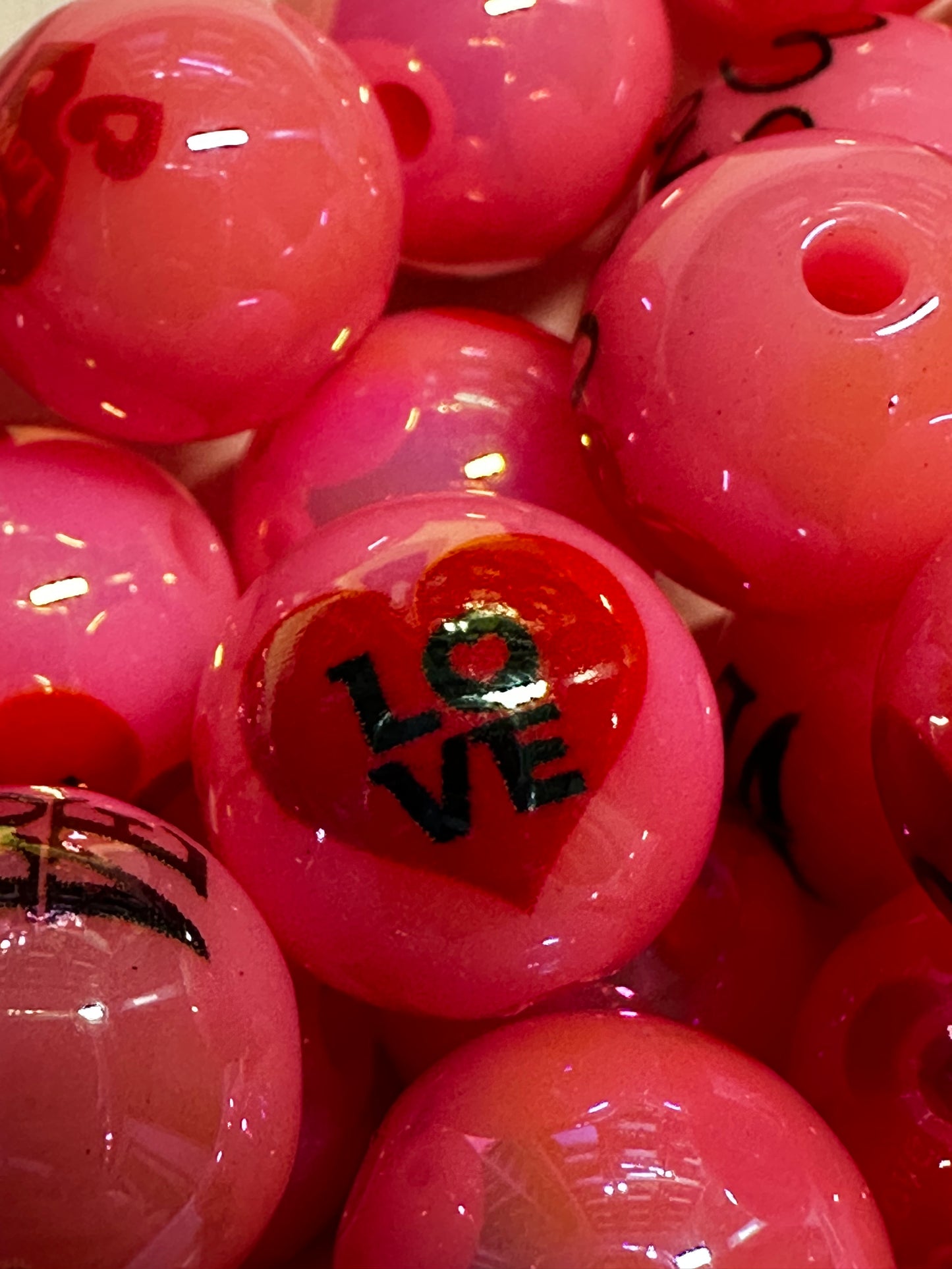 16mm Hot Pink Heart "Love" Beads