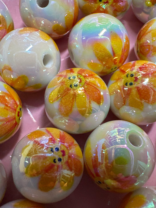 16mm Orange Flower Print Acrylic Beads