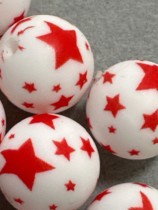 15mm White w/ Red Stars Printed Beads