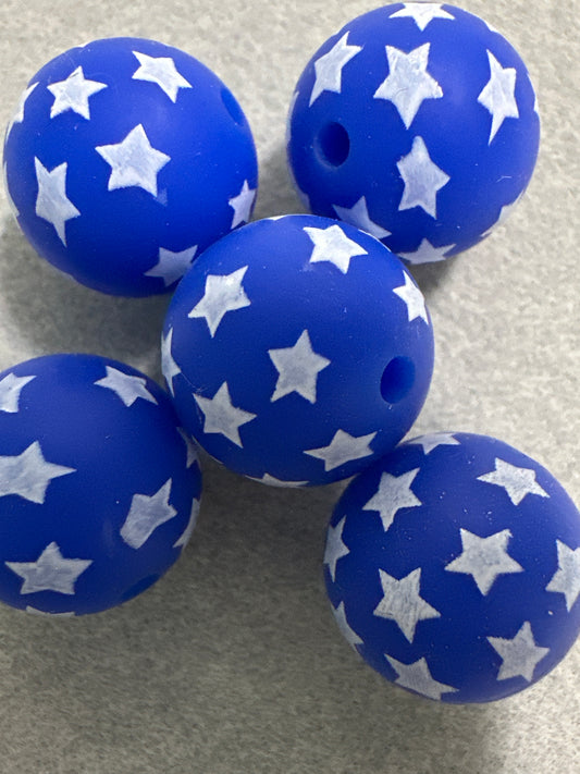 15mm Blue w/ White Stars Printed Beads