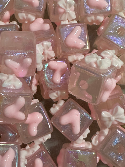 Acrylic Square Pink Hand Painted Glitter Beads